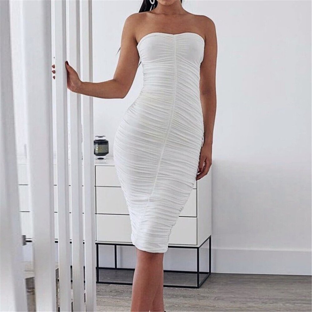 Sexy Bandeau Strapless Backless Ruching Detail Tube Midi Bodycon Dress L